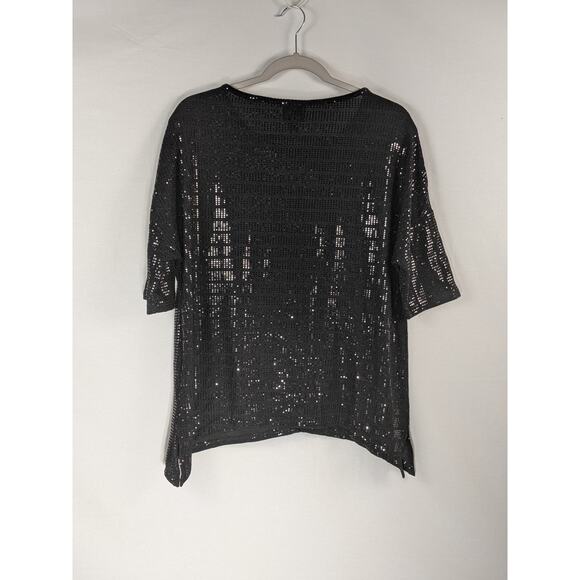 JM Collection Sequin‎ Top Half Sleeve Black Small Scoop Neck Asymmetrical Hem - Picture 9 of 9
